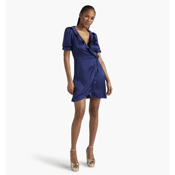 Hill House Nima Silk Ruffle Wrap Mini Dress in Navy Blue Size Medium - Picture 1 of 6